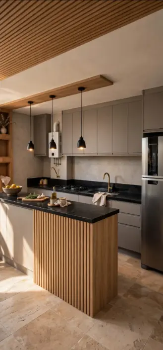 Cozinha gourmet planejada com ilha ripada